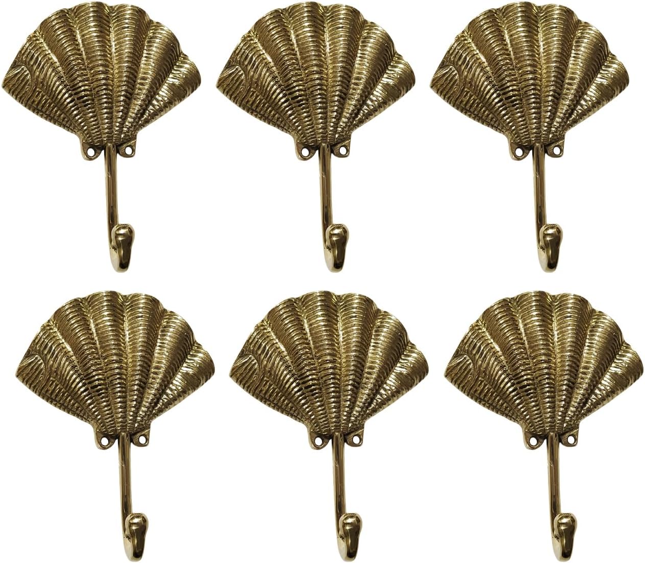 Set of 6 Pcs Brass Sea Shell Wall Mount Hooks Sculptural Decorative Coat Hooks for Home Office and Restaurant