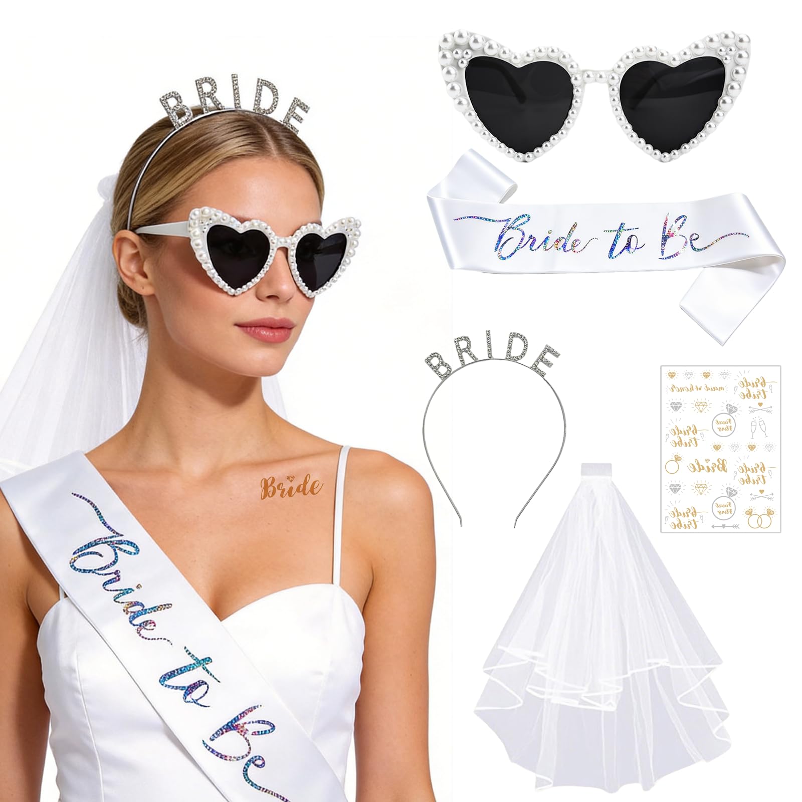 5PCS Bride to Be Sash Hen Party Accessories Set with Veil and Pearl Glasses Crystal Headband Tattoos, Glitter Bride to Be Sash for Bridal Shower Wedding Hen Party Decorations