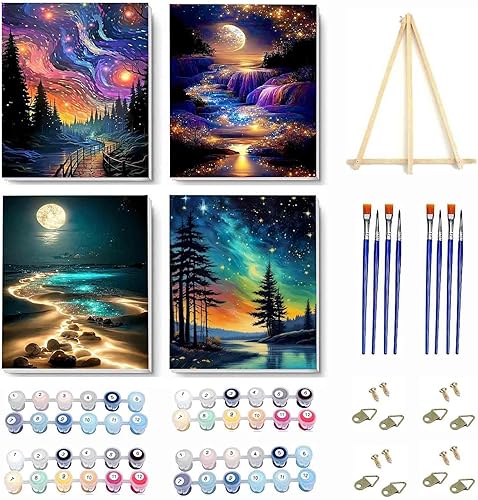 Vista 107 de VIGEGU Paquete de 4 pinturas por números para adultos, lienzo enmarcado, con caballete de madera, pintura por números para niños de 8 a 12 años