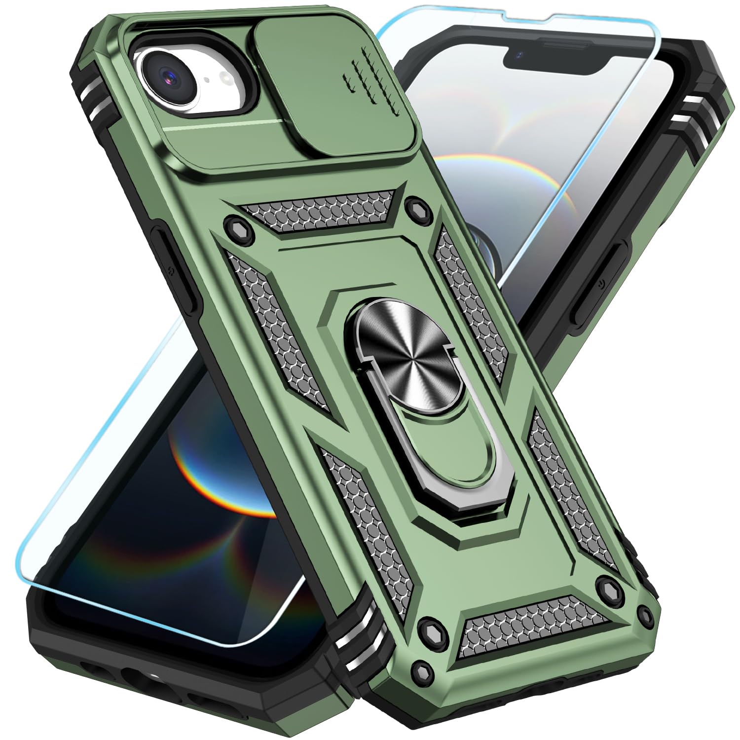 Photo 1 of SunStory Compatible with iPhone 16e Case & iPhone 17e Case with HD Screen Protector & Slide Camera Cover & Rotated Ring Kickstand, [Military-Grade] Phone Case for iPhone 16e/17e, Army Green