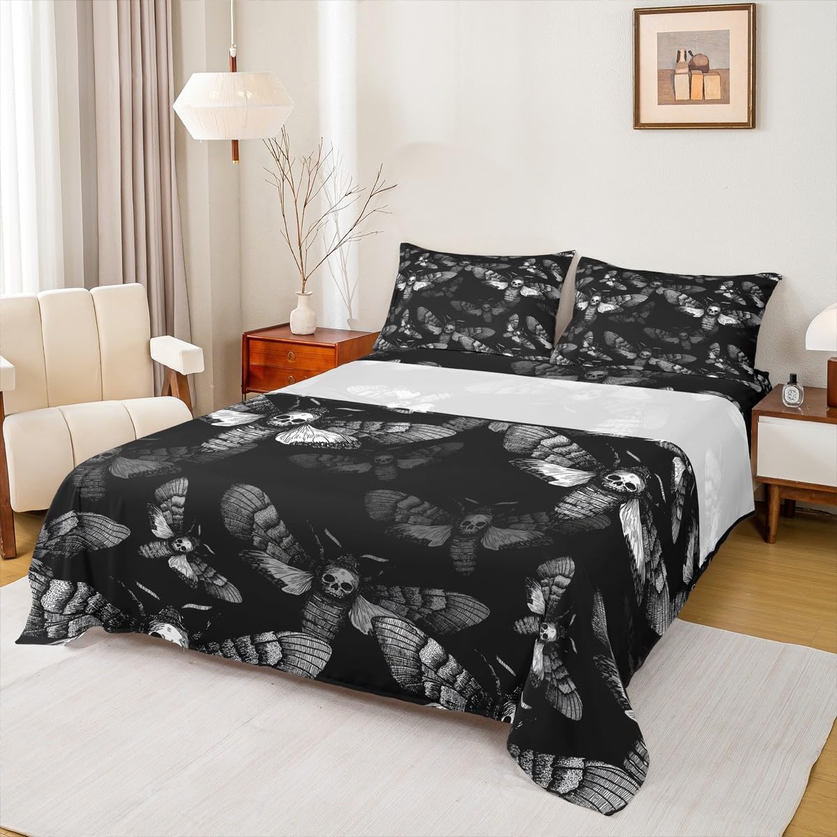 Boho Skull Moth Sheet Set King Size,Gothic Style Black Grey Bed Sheet for Kids Teens,Trippy Animal Print Bedding Set Girls Boys Room Decor,Halloween Hippie Fitted + Flat Sheet,2 Pillowcases