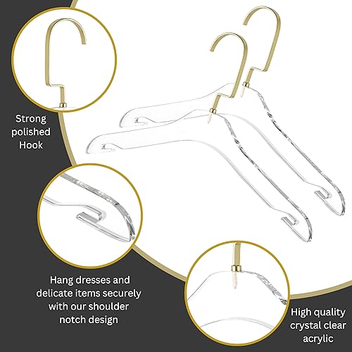 Miniatura 4 de HomeCube USA - Elegantes perchas de acrílico transparente con gancho dorado, colgador de ropa resistente de 13 pulgadas para niños (5, colgador de