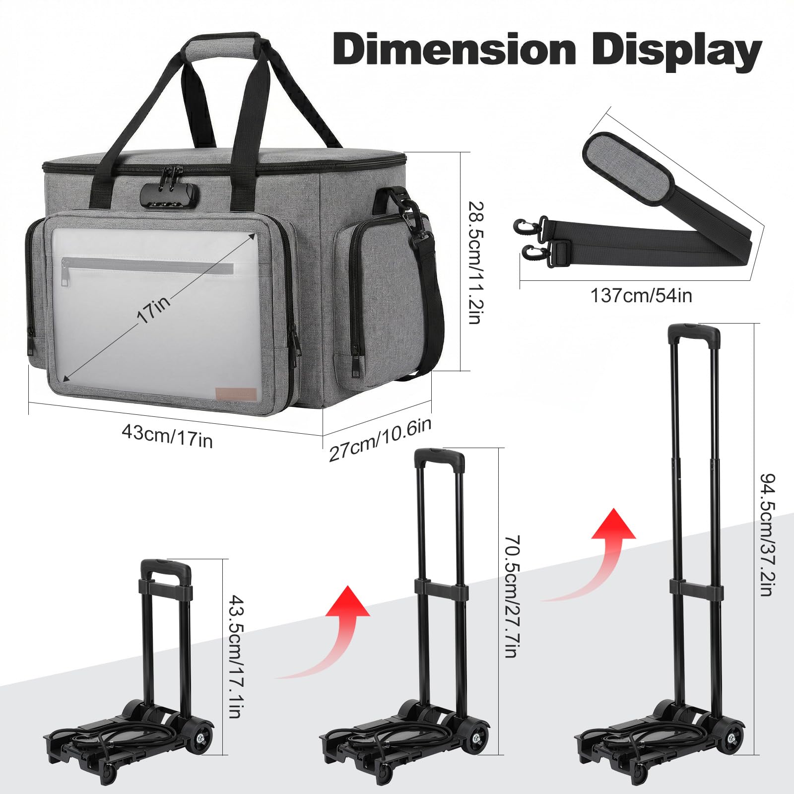 Housolution Rollende Lehrertasche mit Rädern, Lehrertasche mit abnehmbarem Trolley, Laptop-Arbeitskoffer auf Rädern, Aktenkoffer mit Akkordeonordner, passend für 15,6" Laptop, Grau