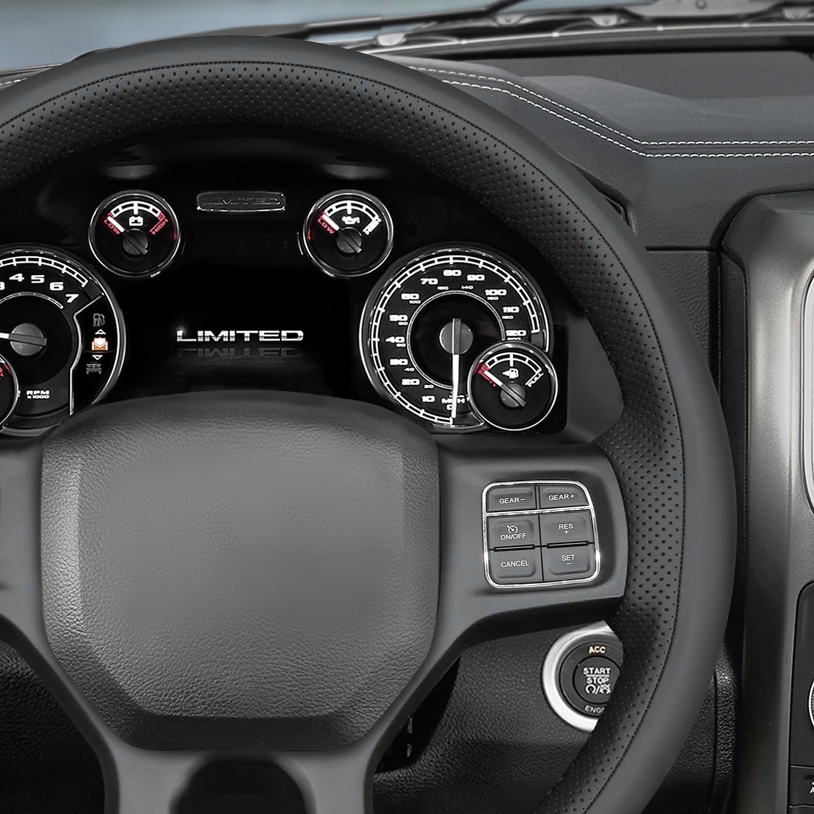 MEWANT Passgenauer Lenkradbezug zum Nähen für Dodge Ram | Dodge RAM 1500 2012-2018 / 1500 Classic 2019-2023 / 2500 2012-2018 / 3500 2012-2018 / 5500 2012-2018 (3D-Stil) Atmungsaktiv