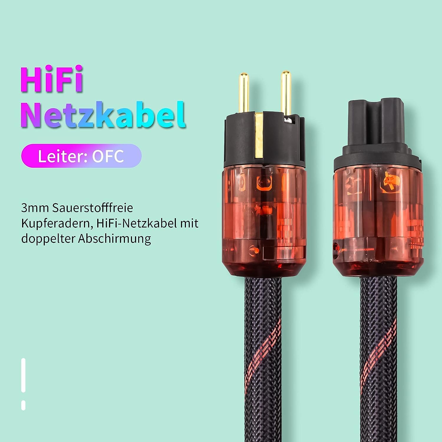 Cable de Alimentación Hi-Fi de Alta Gama OFC de 1,5 m Con Doble Apantallamiento - Enchufe Schuko y IEC