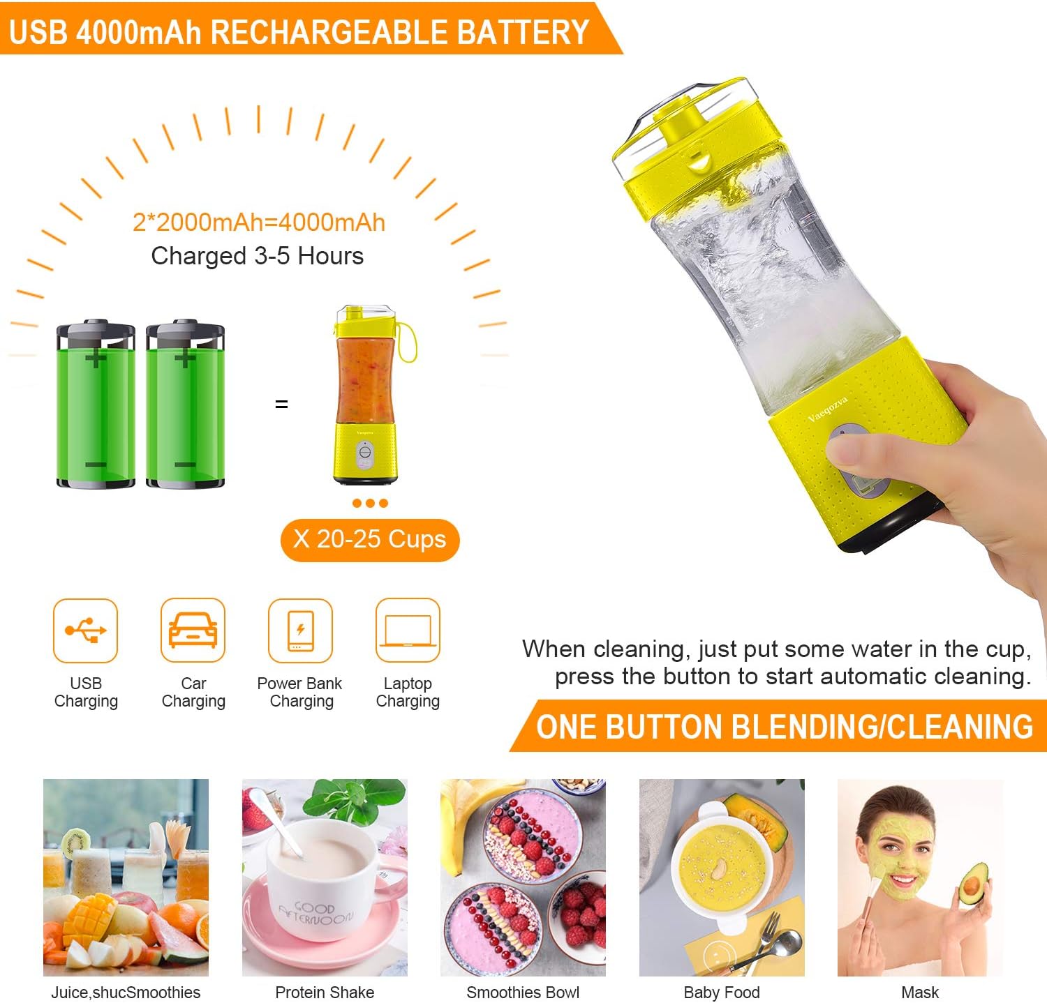 Portable Blender, Personal USB Rechargeable Juice Cup for Smoothie and Protein Shakes Mini Handheld Fruit Mixer 13Oz Bottle for Travel Gym Home Office Sports Outdoors Yellow