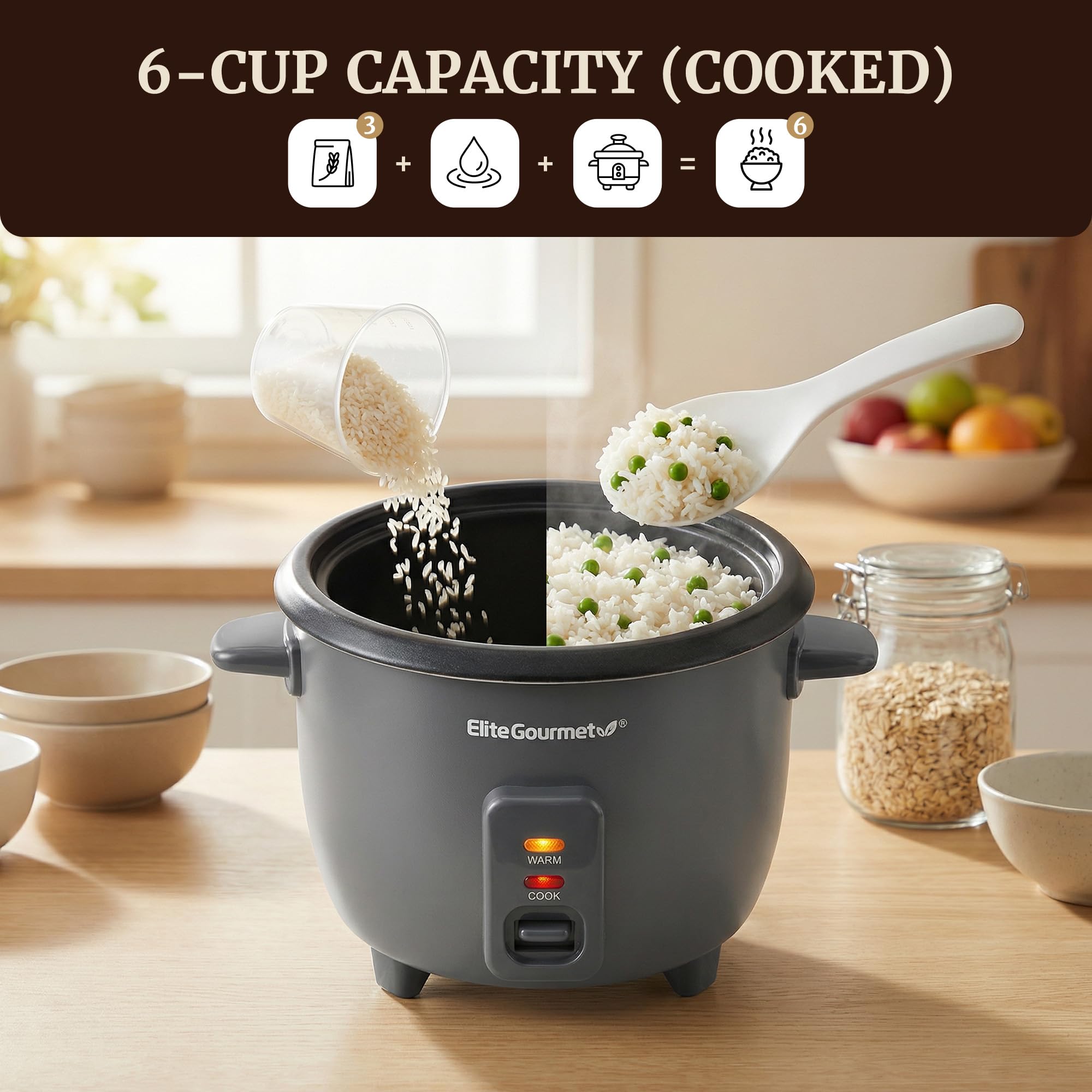 Elite Gourmet ERC6GC - Arrocera de cerámica de 6 tazas, olla interior antiadherente Ceralast™ sin PFAS, mantiene el calor automático, tapa de vidrio templado, cocina con un solo toque, taza medidora y
