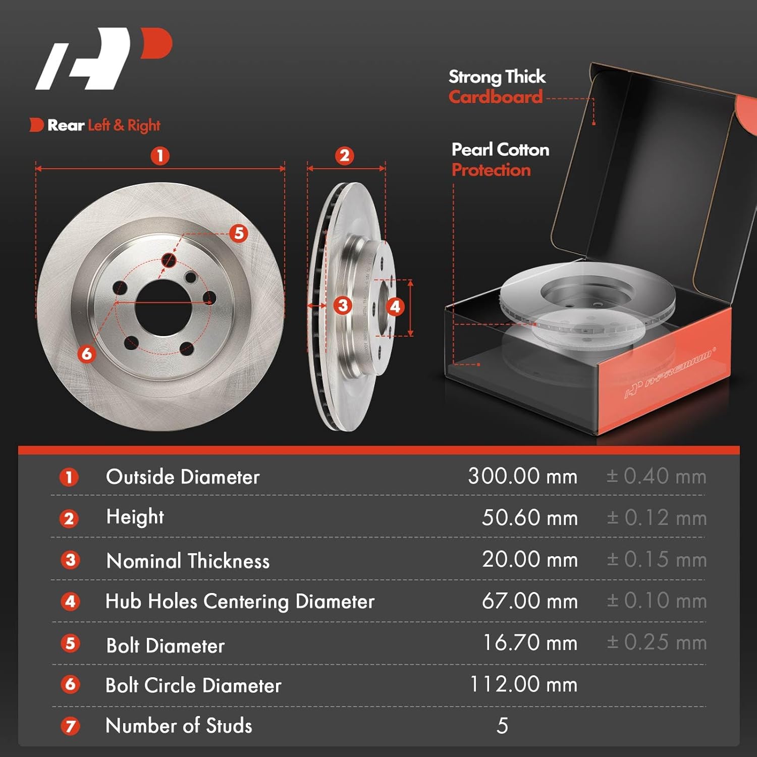 A-Premium 11.81 inch (300mm) Rear Vented Disc Brake Rotors + Ceramic Pads Kit Compatible with Select BMW and Mini Models - X1, X2, 228i xDrive Gran Coupe, Cooper Countryman, Cooper Clubman, 6-PC Set