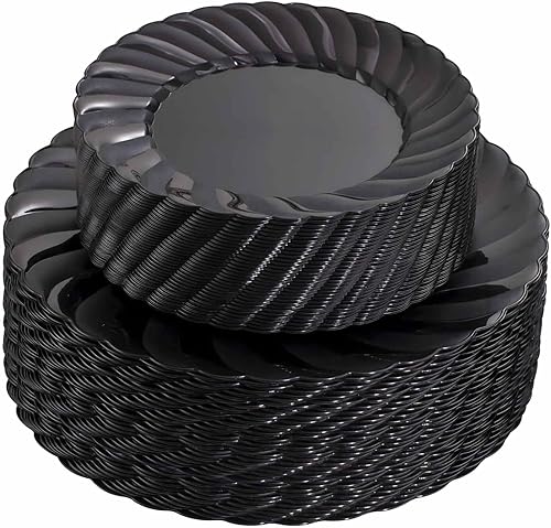 U-QE 100 platos de plástico negro, platos desechables negros resistentes, que incluyen 50 platos llanos de 9 pulgadas y 50 platos de postre de 6.5