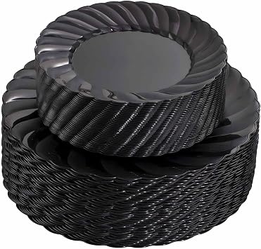 U-QE 100PCS Black Plastic Plates, Heavy Duty Black Disposable Plates