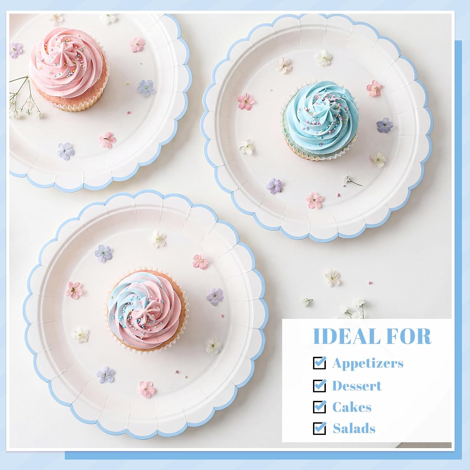 NatNarr 30 Pcs Light Blue Plates 9" Scalloped Blue and White Dessert Plates image 4