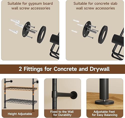 Miniatura 5 de L3 - Sistema de organizador de armario industrial de tuberías, perchero de pared con 4 varillas telescópicas y 6 estantes, sistema de armario Negro