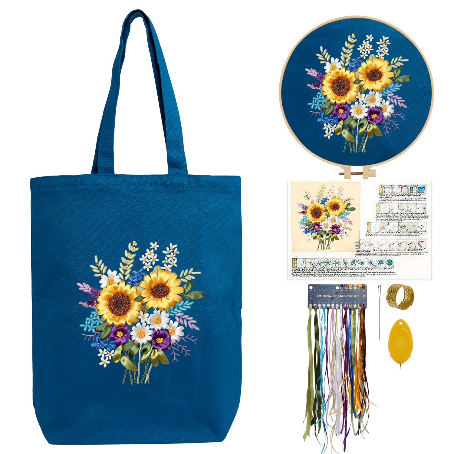CREAWONDER Hand Embroidery Kits for Bag, Embroidery Kit Bag with Pattern for Beginners, Arts and DIY Embroidery Crafts Kits for Adults, Include Instructions, Embroidery Hoops, Color Threads and Tool