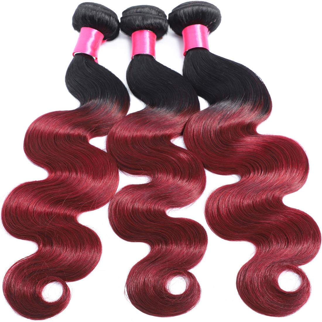 Misoun Ombre Brazilian Hair Body Wave 3pcs Bundles, Ombre Brazilian Virgin Hair Human Hair Weaves Weft Extension Two Tone Black to Burgundy (1B/99J,10"12"14")