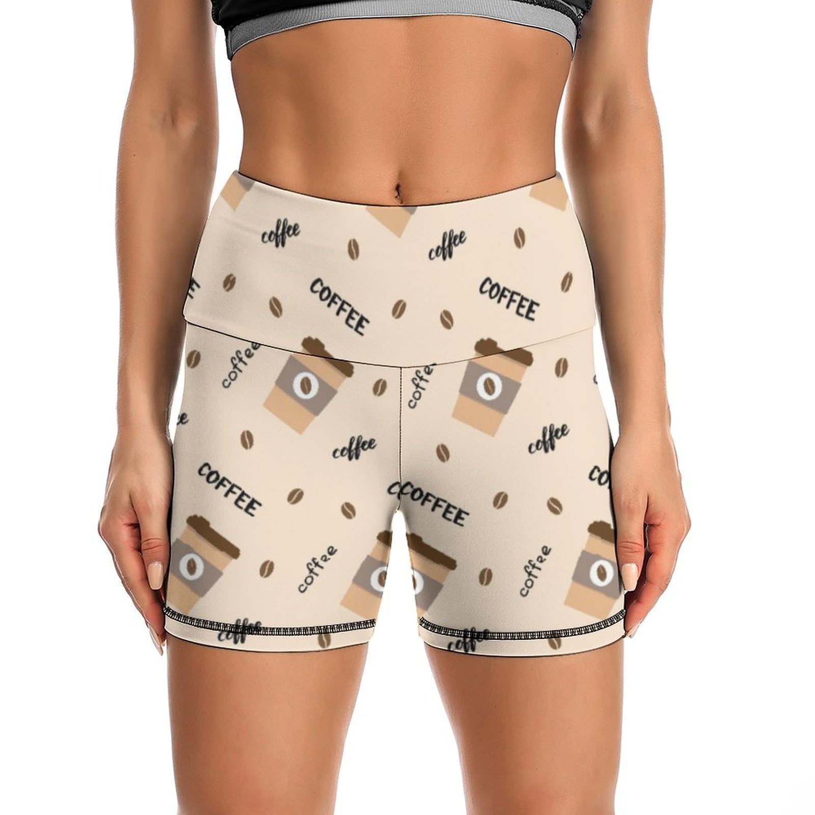 JYYAU Cartoon Coffee Pattern High Waist Yoga Shorts for Women Athletic Shorts Leggings Running Pants