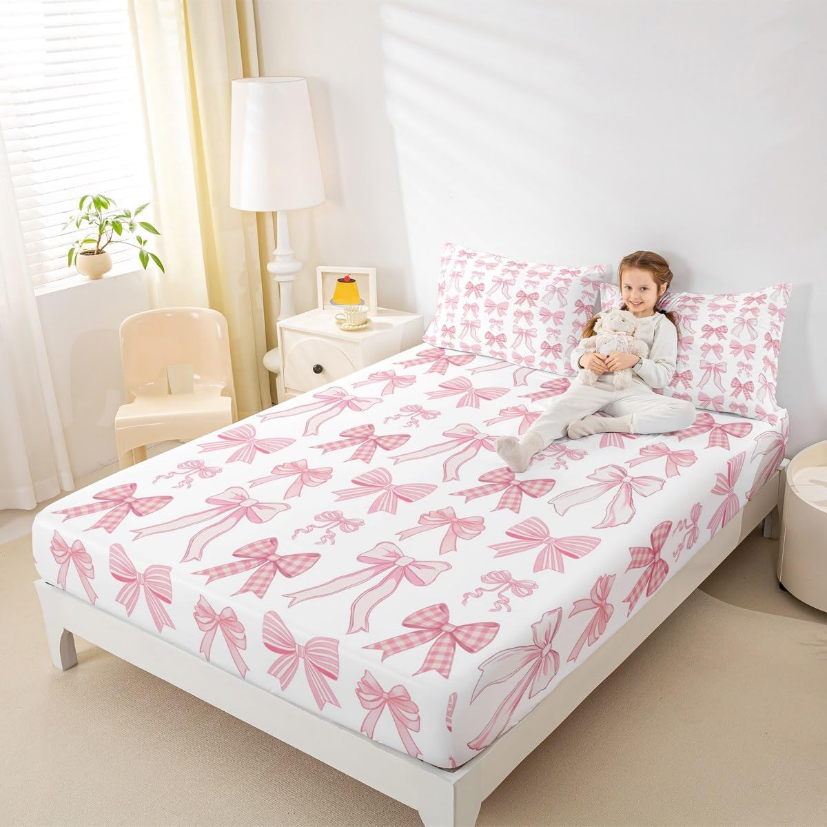 Manfei Cute Bowknot Fitted Sheet Twin Size, Pink Bows Bedding Set 2pcs for Kids Girls Princess Room Decor, Kawaii Bow Tie Bed Cover with 1 Pillowcase, Soft Polyester Deep Pocket Bedding, No Flat