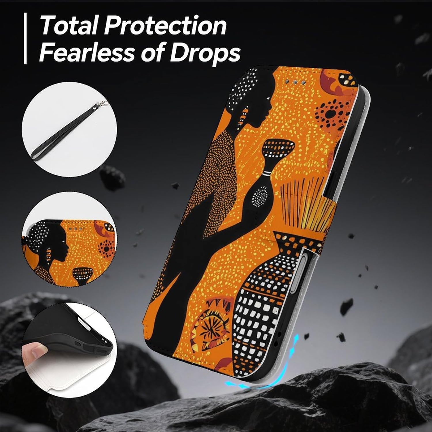 African Woman Traditional Pattern Compatible with iPhone 16/16 Plus/16 Pro/16 Pro Max/16 E Case Phone Wallet Card Holder Flip Cover with Wrist Strap