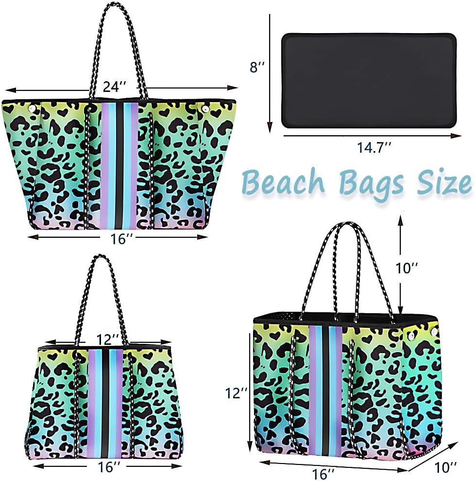 Beach Bag, Neoprene Tote Bag, Beach Bags Waterproof Sandproof, Multipurpose Large Tote Bag for Beach, Swimming, Gym Bag, Travel Bag （Gradient leopard)