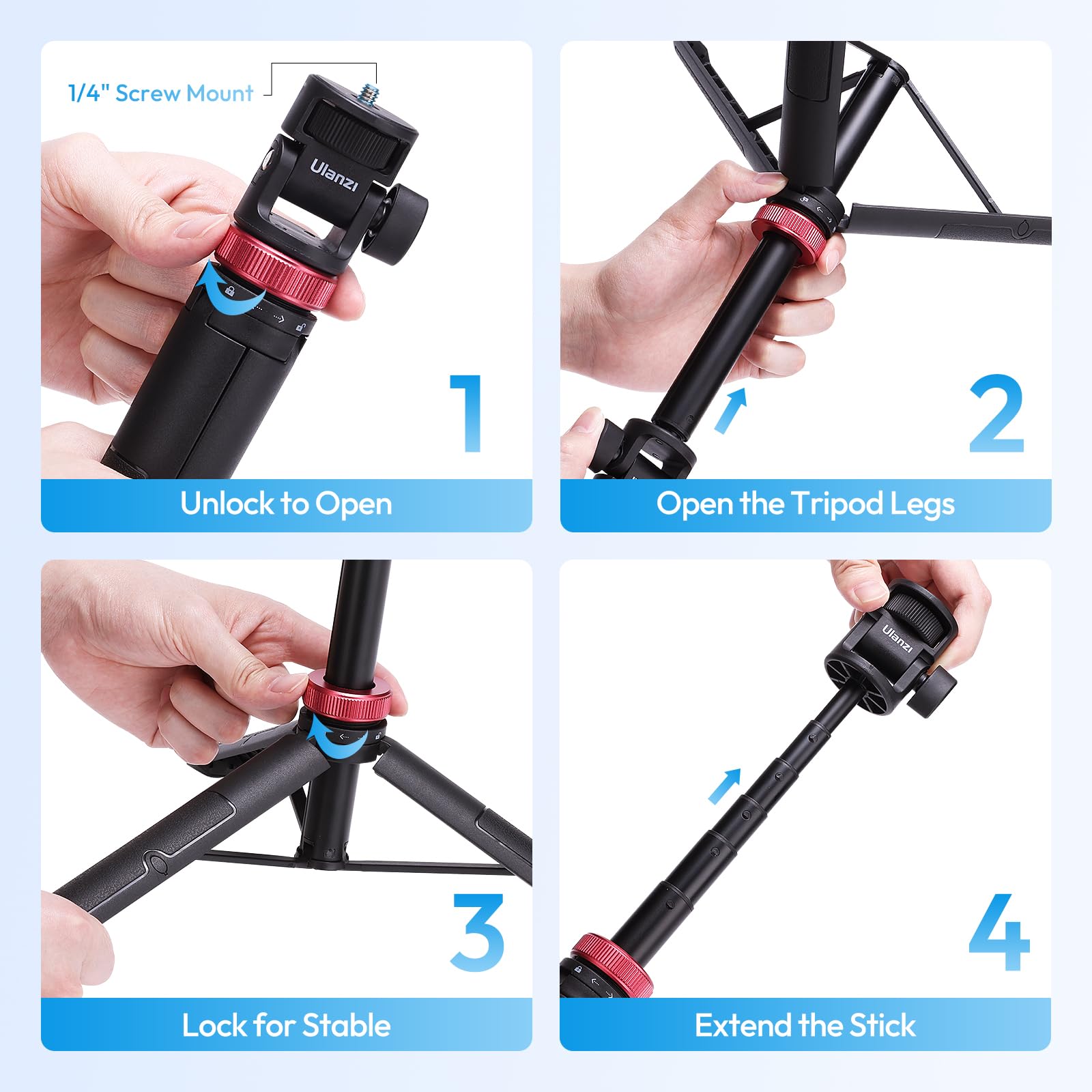 Ulanzi MT-71 Trépied à Selfie pour caméra 150 cm Longueur Invisible Extensible Poignée Portable léger 7 Sections pour Action Camera Hero 11 10 9 8 7 Noir/insta360 One DJI Action