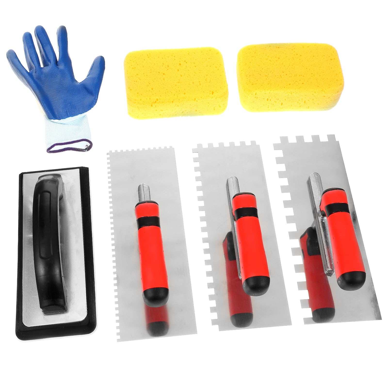 7 Pcs Square Notched Tile Trowel Set, with Rubber Grout Float,Grout Sponge and Work Gloves,Ideal for Masonry Tiling Tools and Flooring Installation