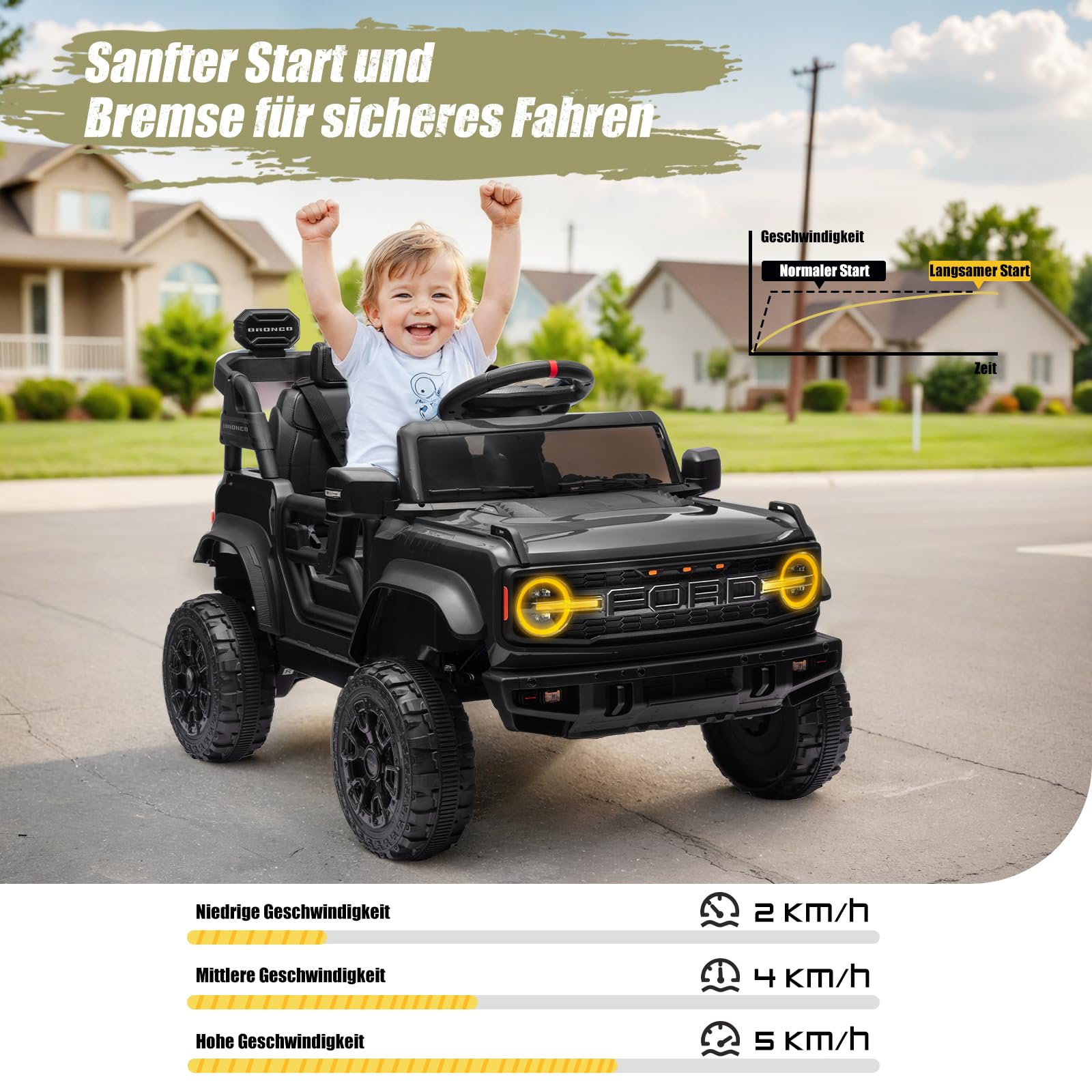 12V Kinder Elektroauto, Lizenziertes Ford Bronco Raptor Elektrofahrzeug, Auto mit Fernbedienung, 4-Rad-Federung, LED-Licht, Bluetooth, 3 Geschwindigkeiten (Schwarz)
