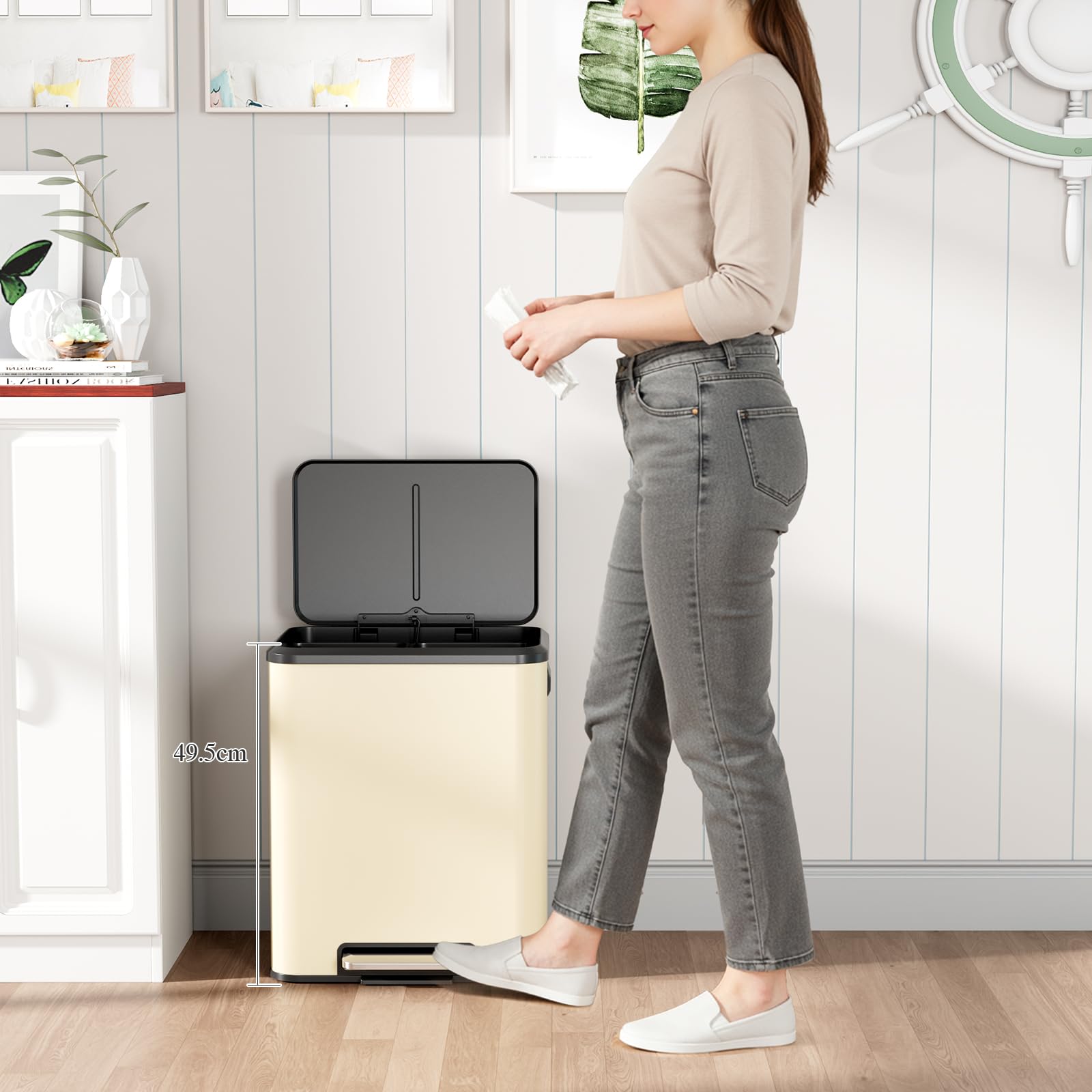 LIFERUN Mülleimer 2 Fächer, Mülltrennsystem 2 x 15 L,Sandbeige | Abfalleimer Küche aus Edelstahl, Softclose Deckel, Inneneimer Abnehmbar mit Griffe,Doppelfach Treteimer,für Single-Wohnung