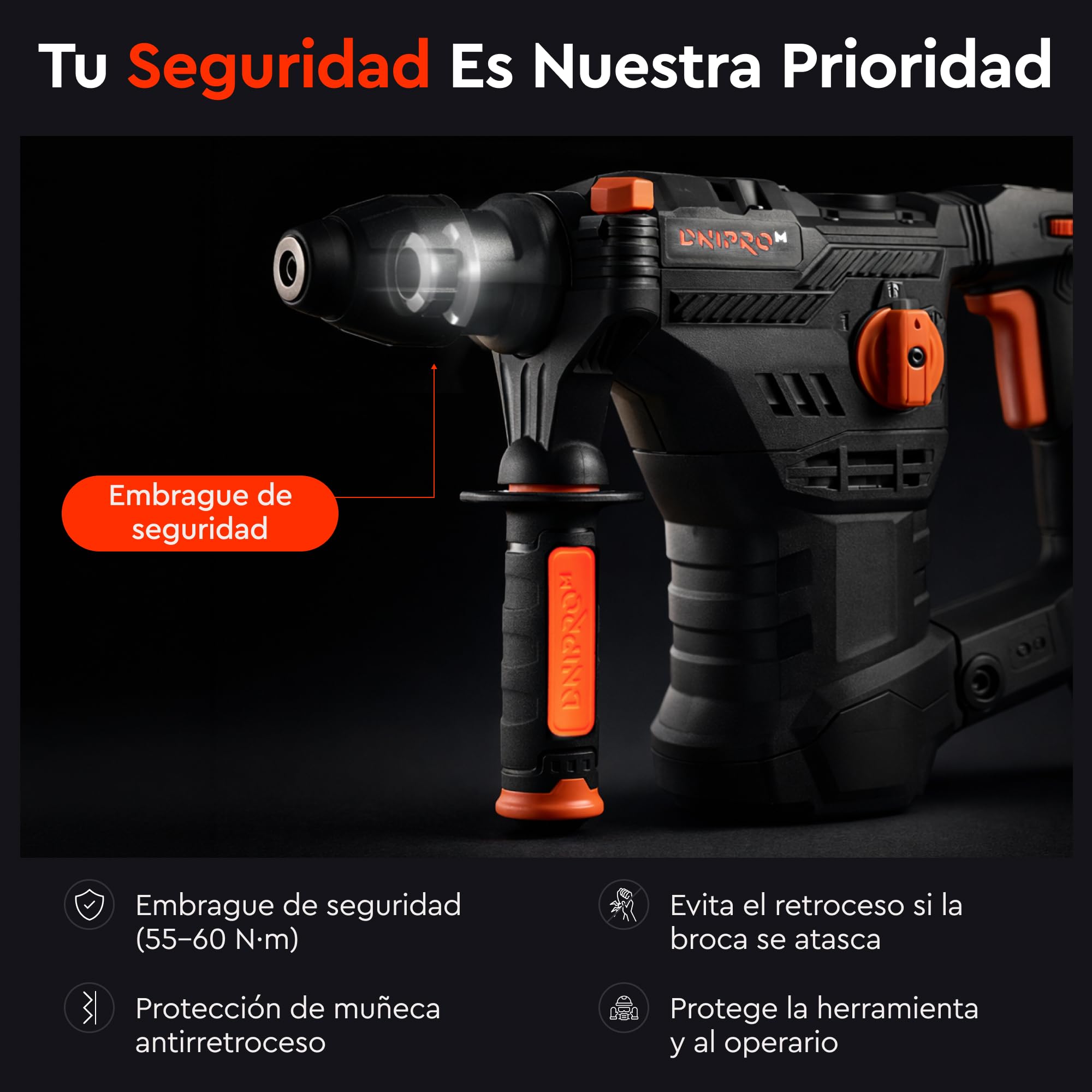 Martillo Perforador SDS Plus 1650W 5,5J, Taladro Percutor Profesional 4 Modos, Velocidad Variable, Sistema Antivibración, Embrague de Seguridad R-Control, Ø36 mm Hormigón, Cable 4 m, BH-20