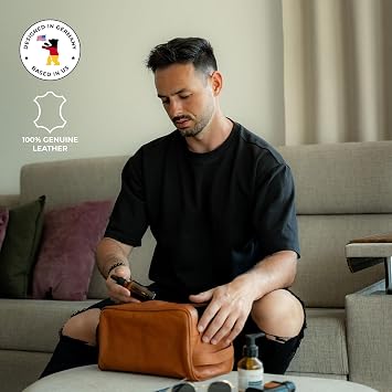 BERLINER BAGS Vintage Genuine Leather Toiletry Bag Tim XL, Large Capacity Cosmetics Bag for Men and Women for Travel, Gift for Dad - Brown