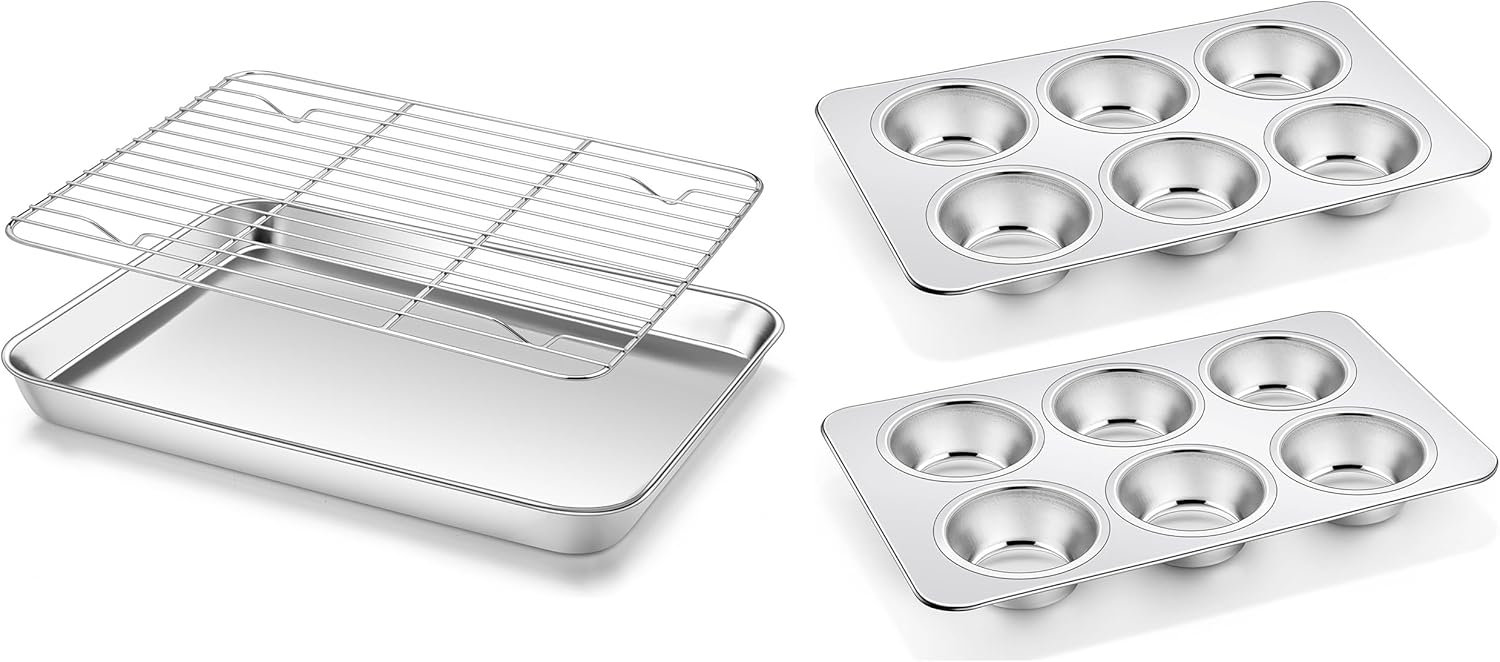 2 Pack Baking Sheet with Cooling Rack & 2 Pack Muffin Pan, Stainless Steel Cupcake Tin Tray with 6 Cups Regular Size, 9" x 13" Cookie Bacon Sheets for Oven Baking, Rust Free & Dishwasher Safe