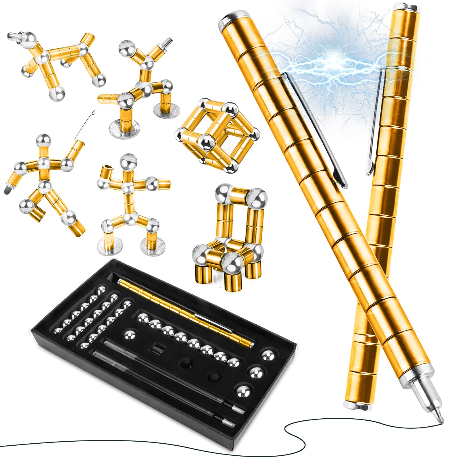 Moonhua Magnetic Fidget Pen, Upgraded Gold Modular Magnet Writing Tool for Adults, DIY Multifunctional Decompression Desk Toy, Unique Birthday Gift