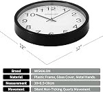WISKALON 12 inch Horloge murale, Silent Non-Ticking Simple Black Frame Clock, Classic Digital Horloge murale avec verre, batterie d'horloge ronde utilisée pour salon chambre à coucher de bureau Decor
