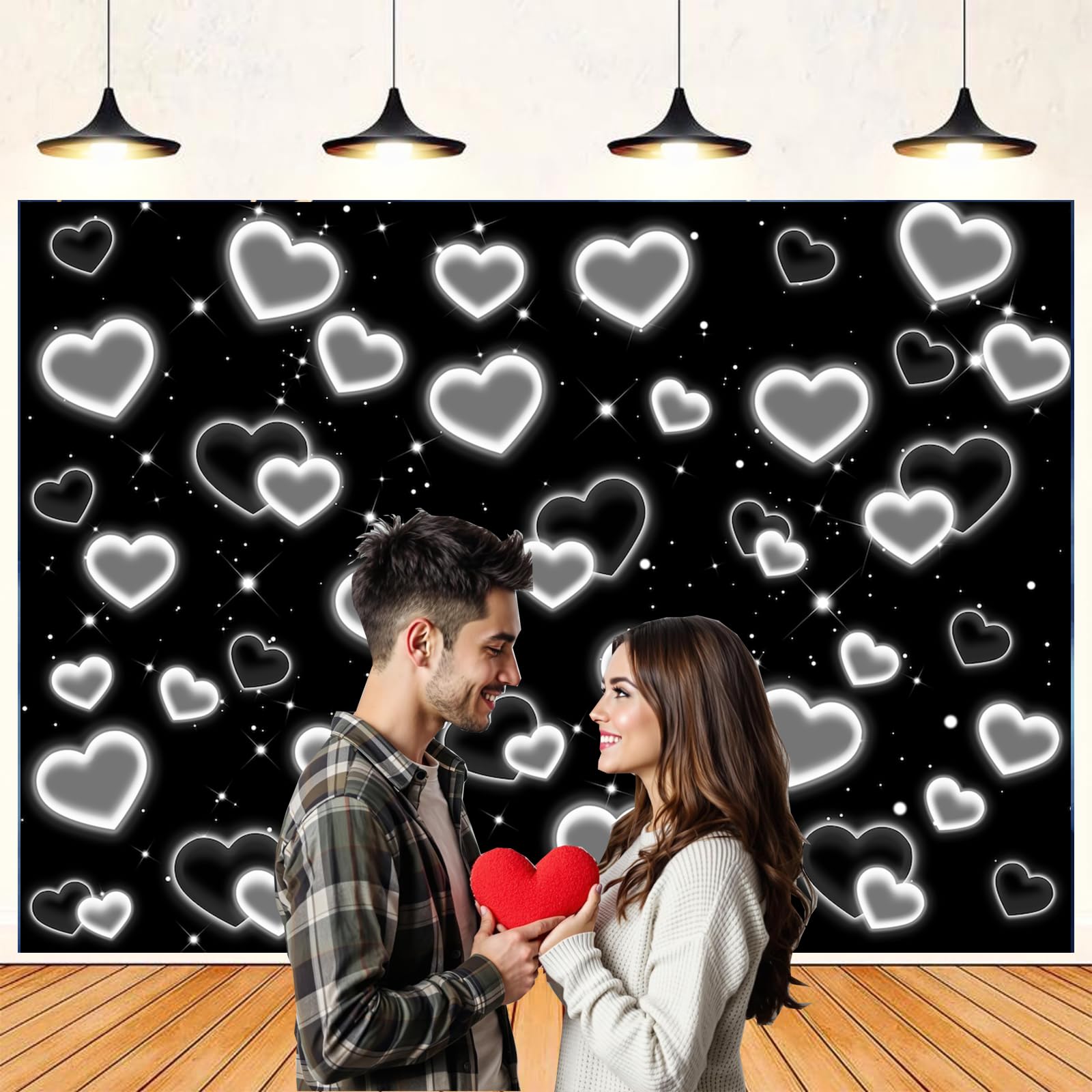 Telón de fondo de corazón negro de los años 90, decoración de fiesta de los años 2000, fondo del día de San Valentín, pancarta de cumpleaños número 16 para niñas y mujeres, compromiso, boda, despedida