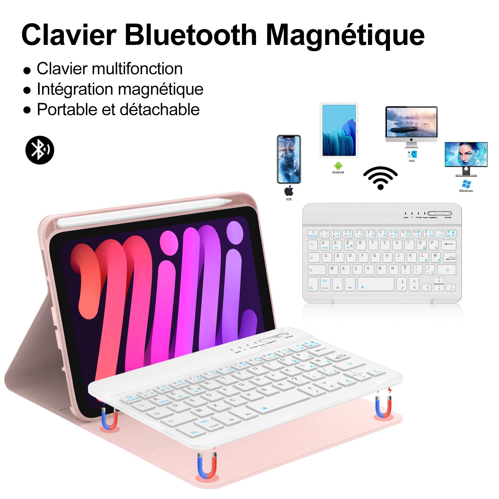 Funda Teclado para iPad Mini 7ª Gen(A17 Pro, 2024) & 6e Gen(2021) 8,3", AZERTY francés Funda Teclado Bluetooth Desmontable con Portalápices para iPad Mini 7/6ª Generación de 8,3 pulgadas, Rosa