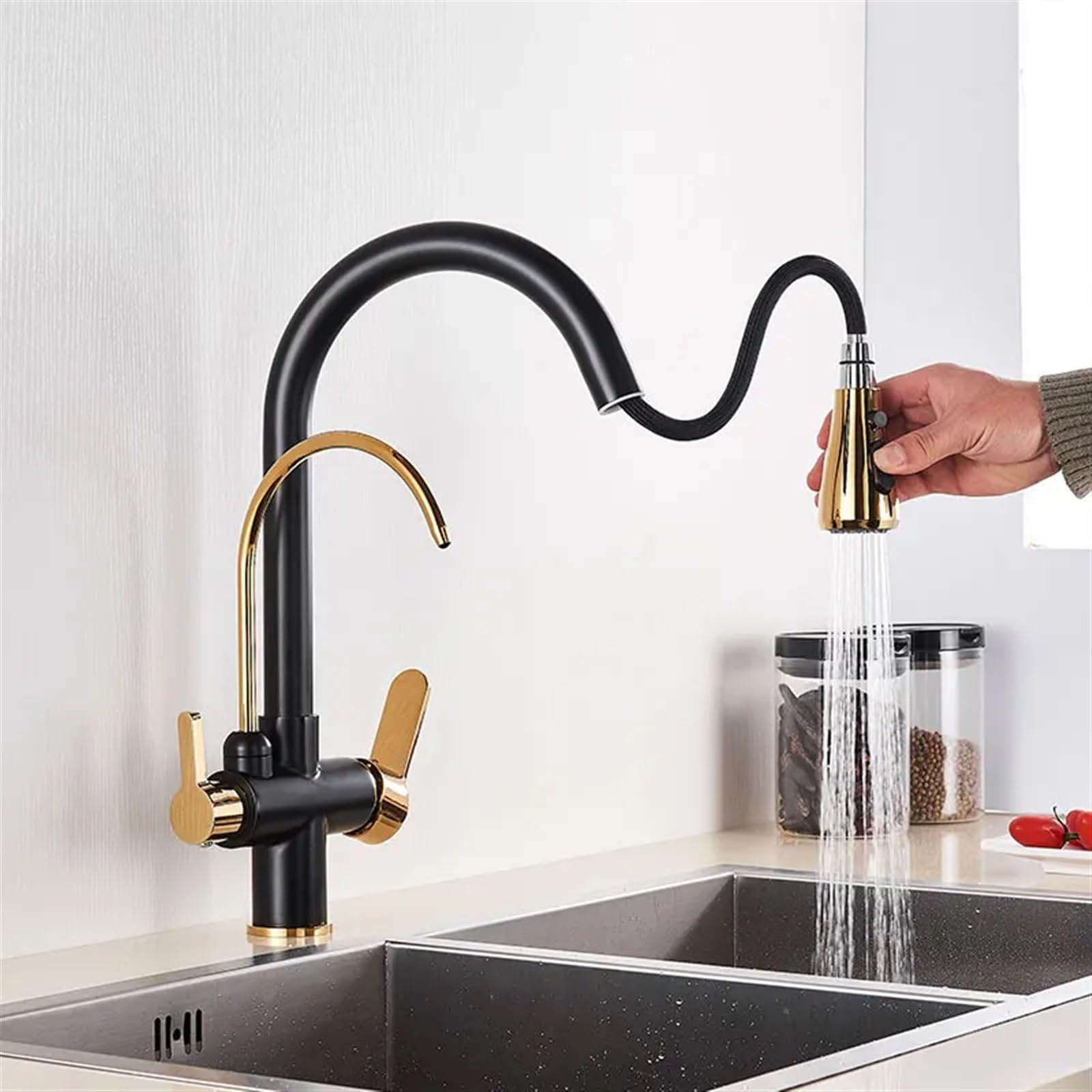 Rubinetto da cucina estraibile con filtro dell'acqua, miscelatore a 2/3 vie, per acqua potabile pulita, design moderno per cucine chic