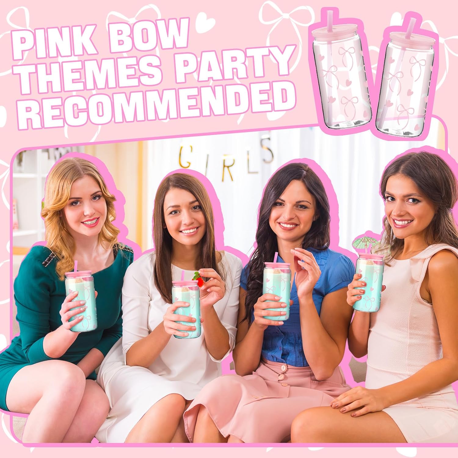 8 Pcs Coquette Bow Plastic Cups with Lids and Straws 16 oz Acrylic Mason Jars Aesthetic Reusable Bottles Iced Coffee Mug Beer Glass Tumbler for Birthday Coquette Party(Bow,Pink) - Image 6