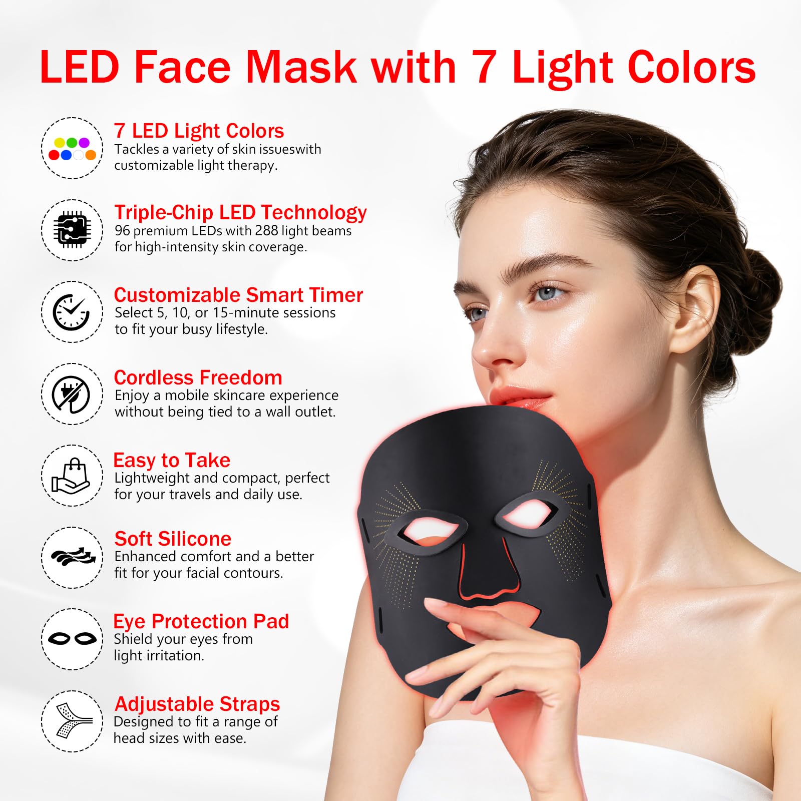 LED Maske Gesicht, 7 Farben Lichttherapie Gesichtsmaske | Rotlichtlampe Maske Gesicht, Gesichtsschönheit, Anti-Aging, Faltenreduzierung, Hautpflege Red Light Therapy Face Mask Schwarz