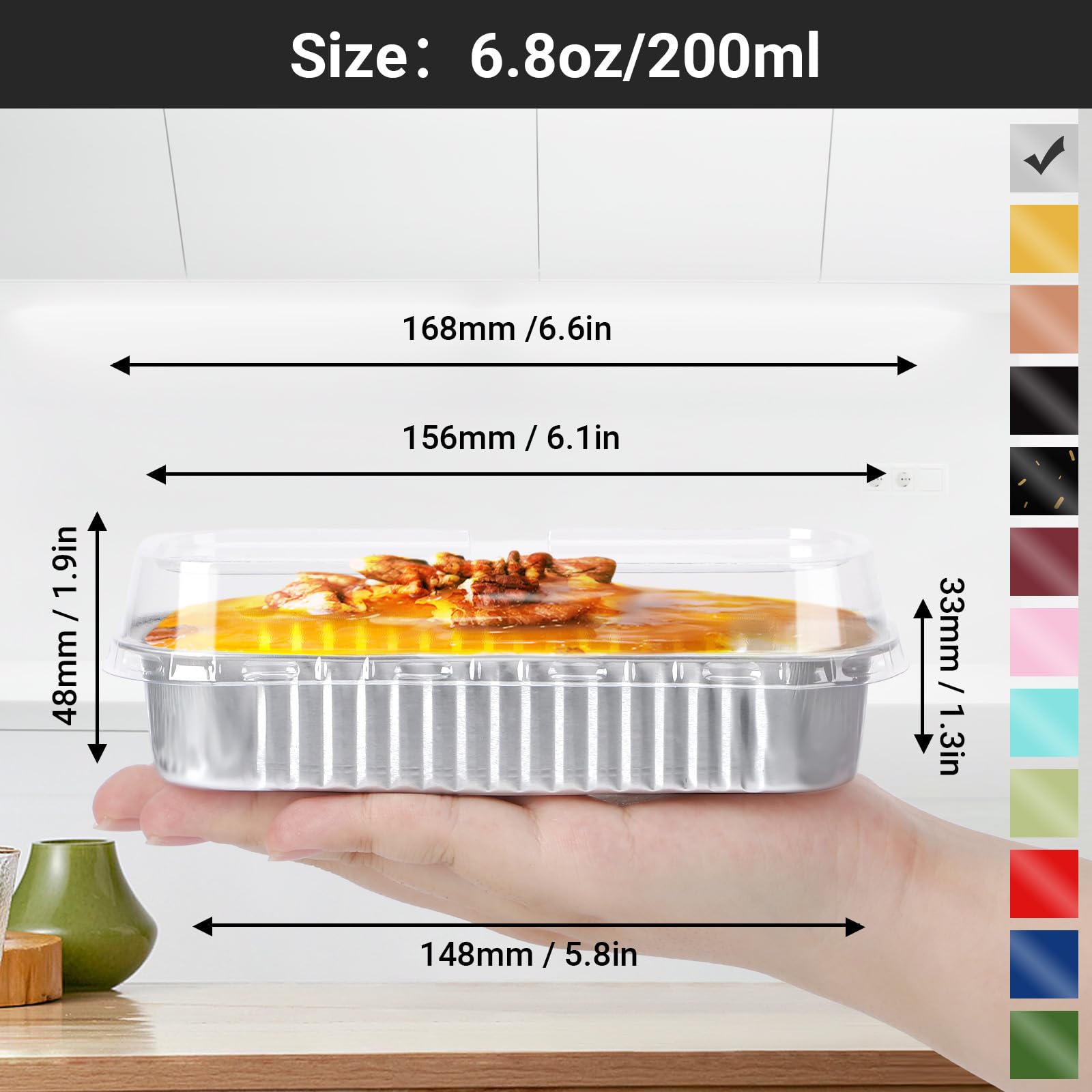 EUSOAR Pirottini da forno con coperchi, 50 pezzi, 192,8 g, 16,5 x 6,3 x 3 cm, in alluminio, usa e getta, mini teglie da forno con coperchio, contenitori per cupcake, cheesecake, creme, brûlée
