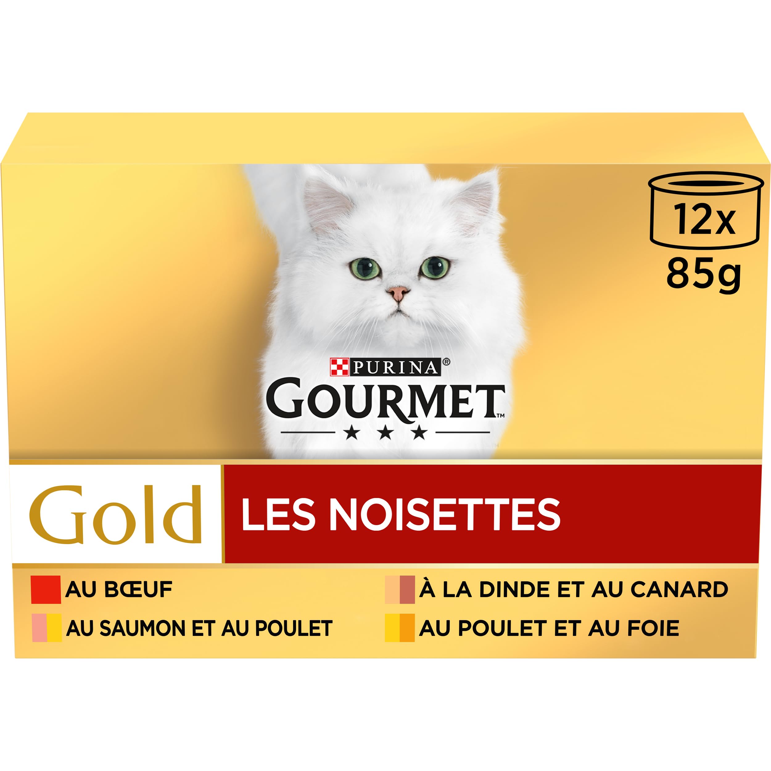 GOURMET GOLD, kot, orzechy laskowe, mielone w sosie, wołowina, kurczak i foka, indyk-kaczka, łosoś i kurczak, 12 x 85 g, zestaw 8 sztuk, pudełko