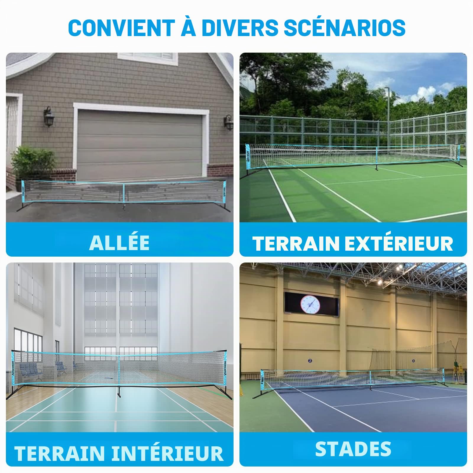 Amicoson Filet de Pickleball Set, 22FT Filet de Pickleball en bois pour l'extérieur avec 4 raquettes de en bois, 8 balles, 1 sac de transport, 1 sac à dos, 2 rouleaux de ruban