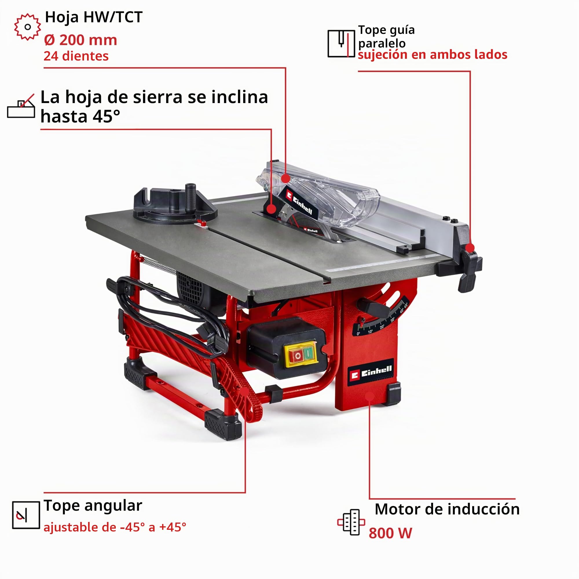 Einhell TC-TS 8 I - Sierra circular sobre mesa (800 W, altura de corte 45 mm, hoja Ø 200 mm, tope de ángulo, tope paralelo, conexión para aspiradora, con cuchilla de carburos de tungsteno)