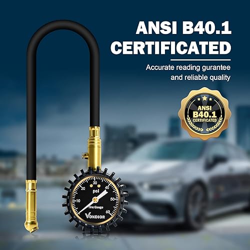 Miniatura 2 de Vondior Medidor de presión de neumáticos con tubo (0-60 PSI), medidor de presión de aire certificado ANSI preciso con esfera brillante grande y