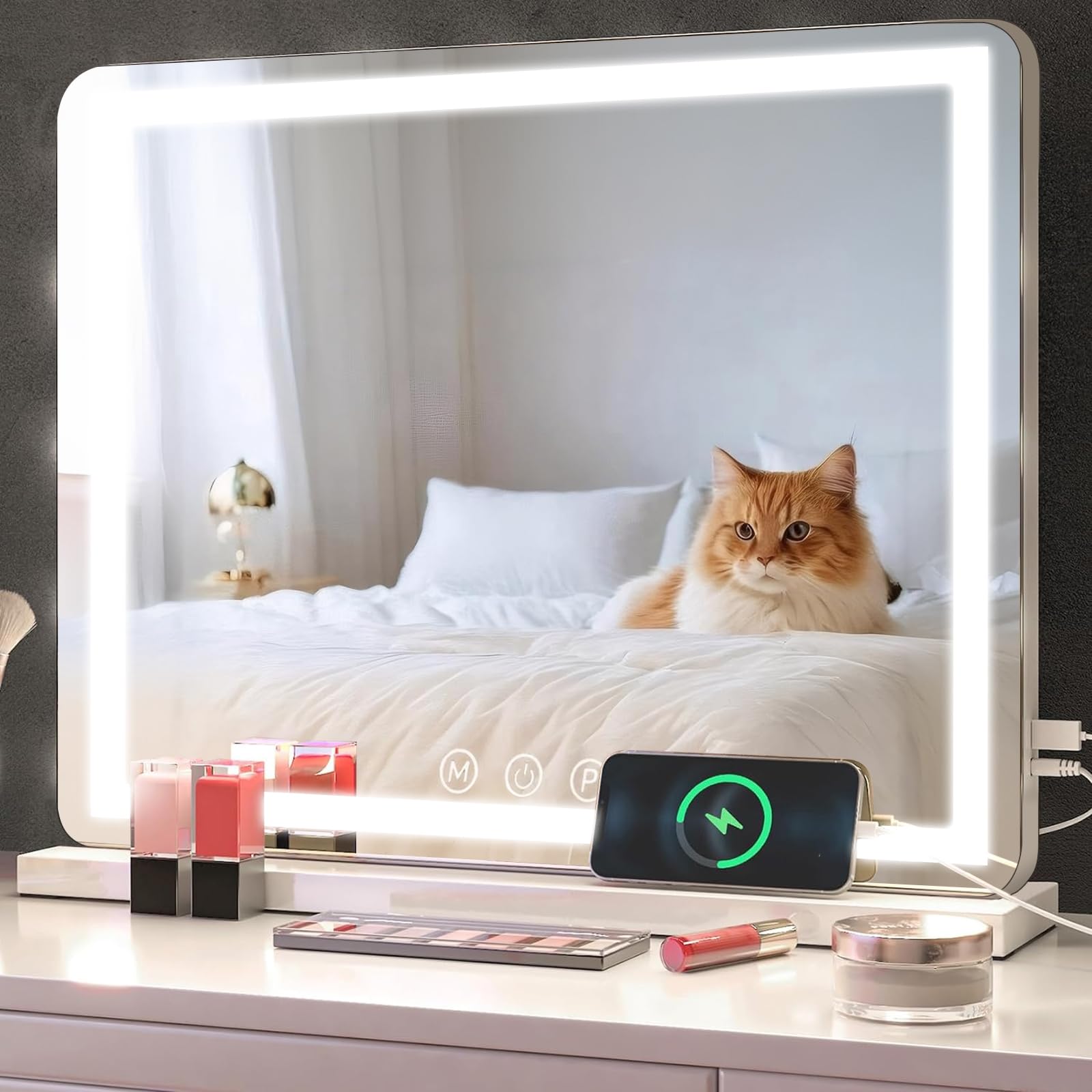 Espejo de Maquillaje con iluminación, Espejo de Hollywood con luz LED, Regulable, Espejo cosmético, 3 Modos, 50 x 40 cm, Espejo de Mesa con USB 10 aumentos, para Dormitorio y tocador