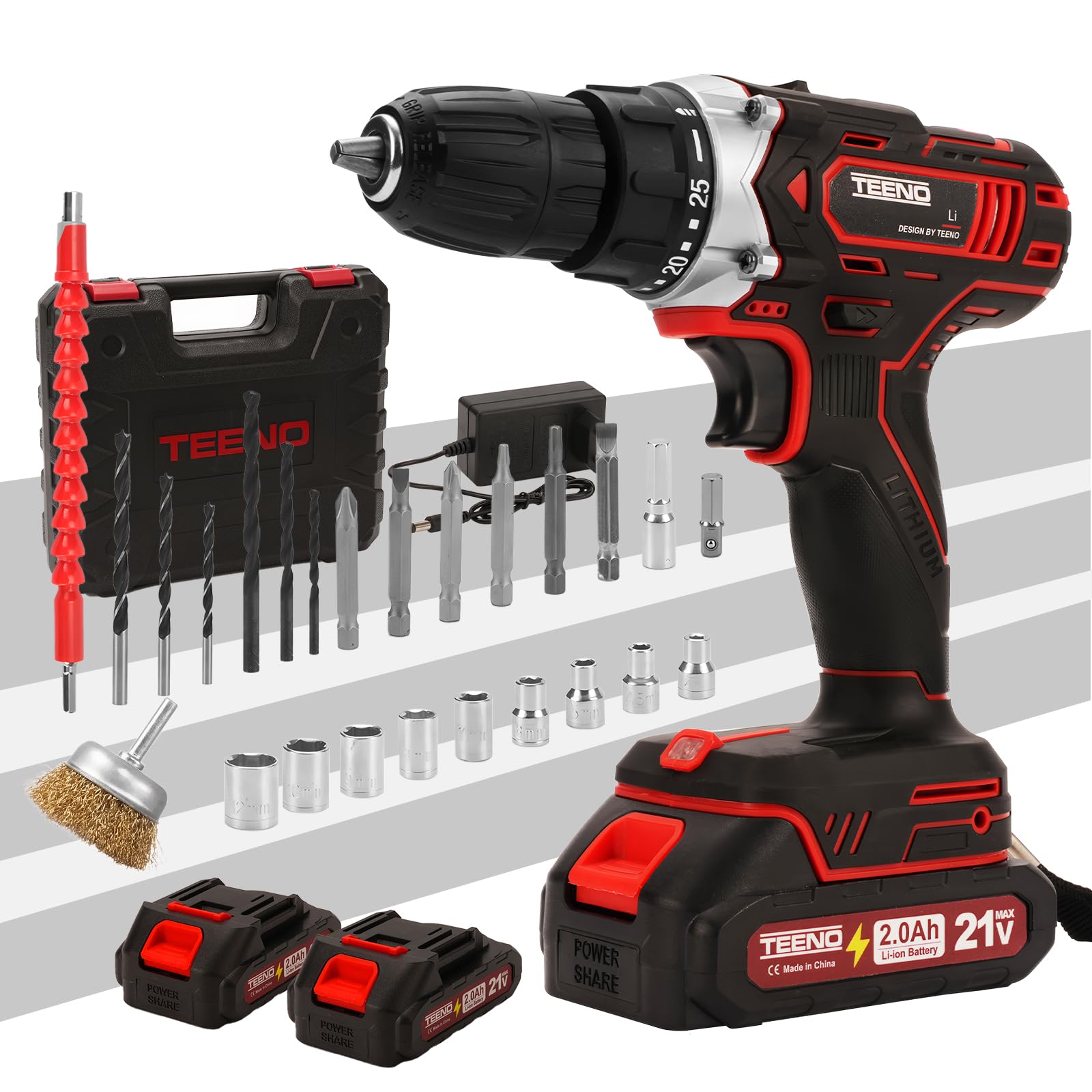 TEENO Cordless Drill Driver for Makita 21 V 2 x 2.0 Ah Batteries, with Metal Anti-Rust Brush, 45 Nm, 25 + 1 Pair Settings, 2 Speeds, LED, 31 Accessories and Case