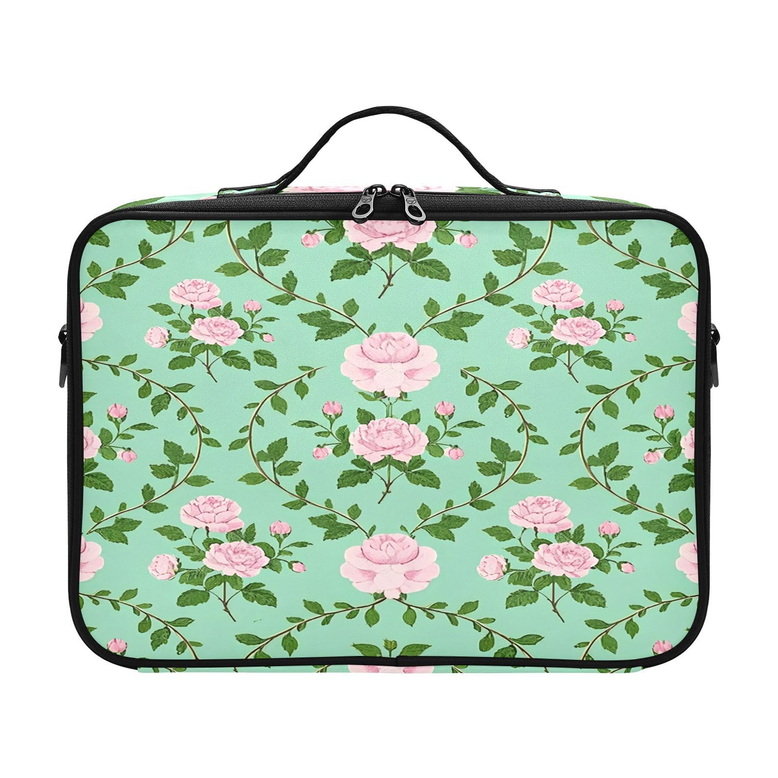 zyrtty Travel Makeup Train Case Green Peony Flowers Pattern Cosmetic Organizer Portable Storage Bag with Adjustable Dividers for Cosmetics Brushes Toiletry Jewelry Digital Accessories