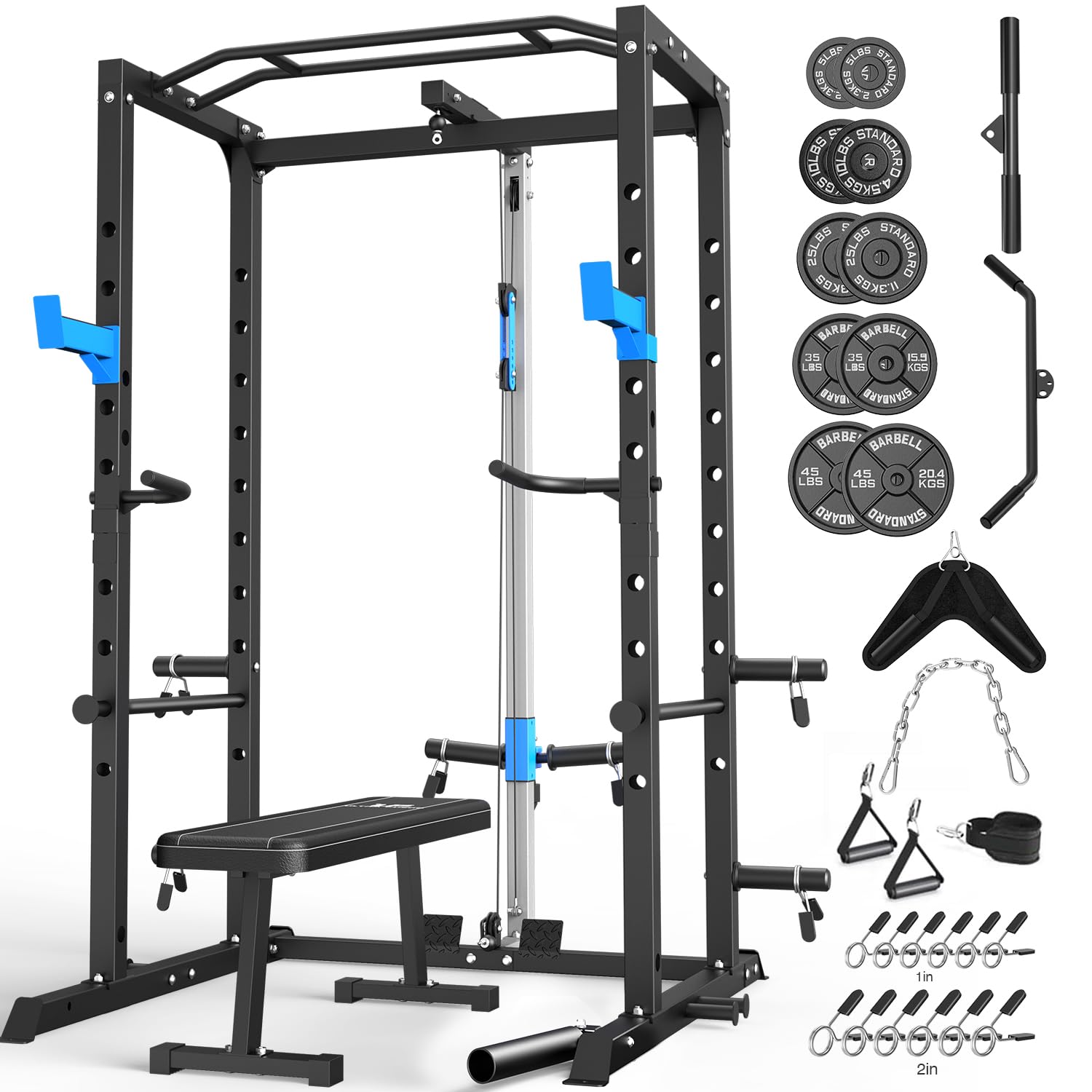 ULTRA FUEGO Power Cage, Multi-Functional Power Rack with J-Hooks, Dip Handles, Landmine Attachment and Optional Cable Pulley System for Home Gym (Power Cage with 240LB Weights+Flat Bench, Blue)