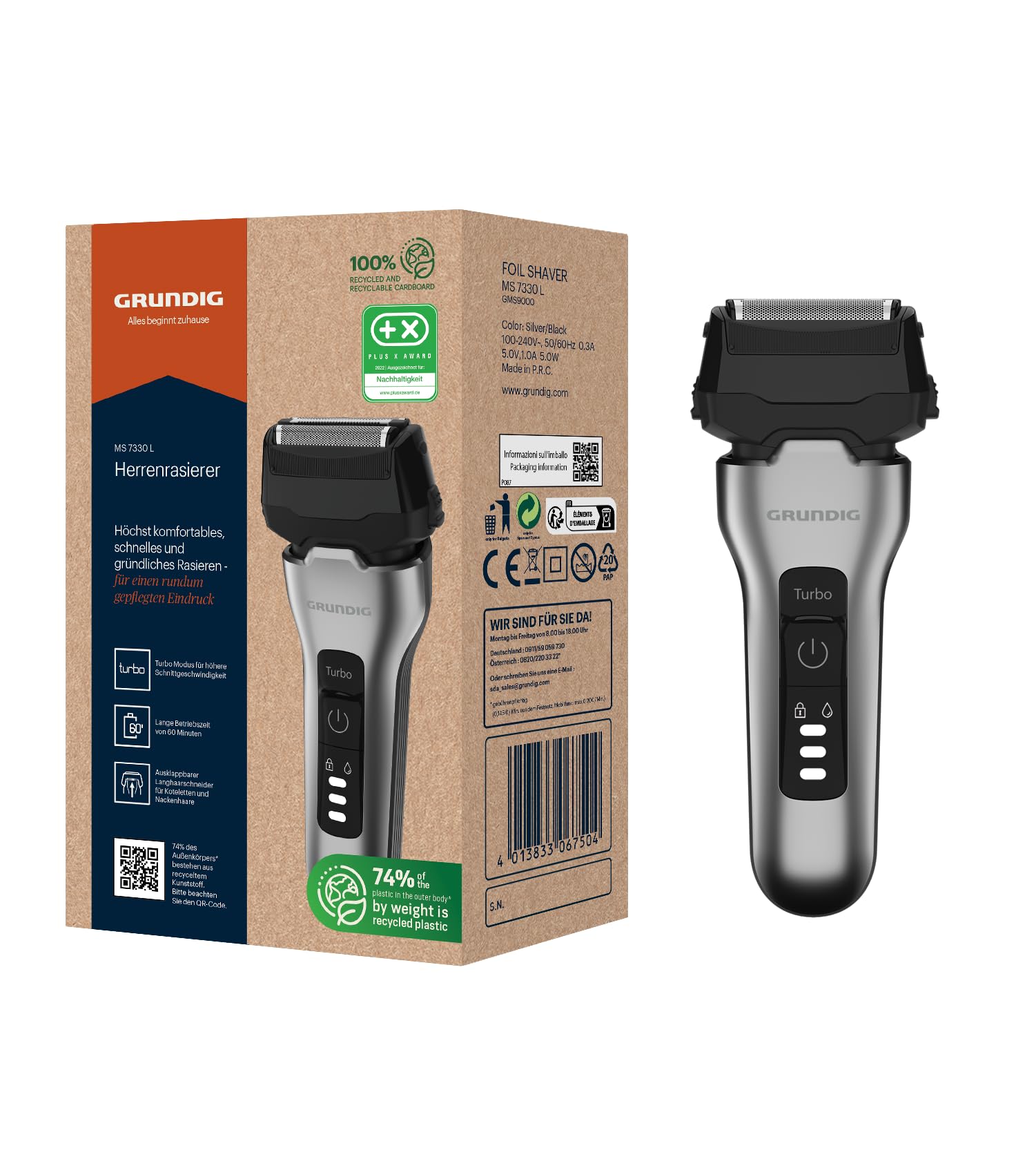 GRUNDIG MS 7330 L Herrenrasierer, 60 Min Betriebszeit, Ausklappbarer Langhaarschneider, 3-fach Schneidsystem, Gehäuse aus 74% recyceltem Kunststoff, Silber/Schwarz