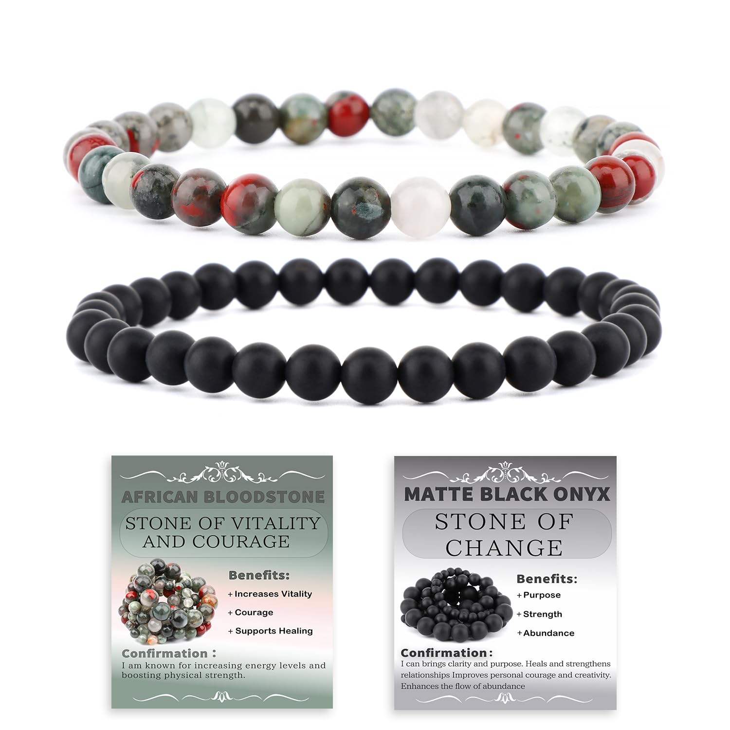 NCB African Bloodstone & Matte Black Agate Stretch Bracelets (6mm, 2-Pack) | Handmade Reiki Energy Healing Jewelry - main product image