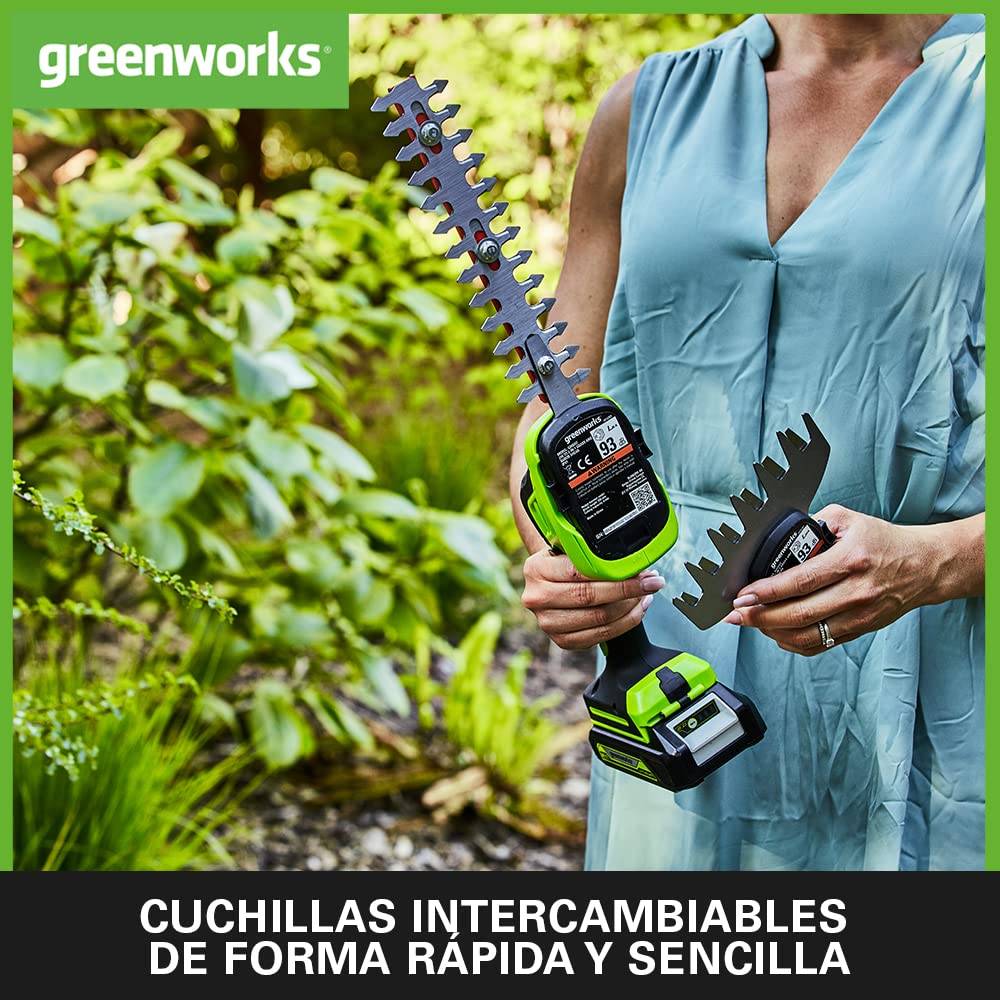Greenworks G24SHTK2 2/1 Cortasetos con Batería 24 V y cargador - Cuchillas para Setos 20 cm que corta Tallos y Ramas de hasta 8 mm, 2800 spm - Cuchilla para hierba 15 cm con 3 Años de Garantía
