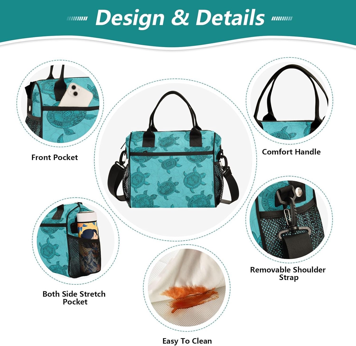 Turtles Animal Lunch Bag Reusable Lunch Box for Office Picnic Hiking Beach, Insulated Cooler Tote Food Container with Adjustable Shoulder Strap for Men Women Adults