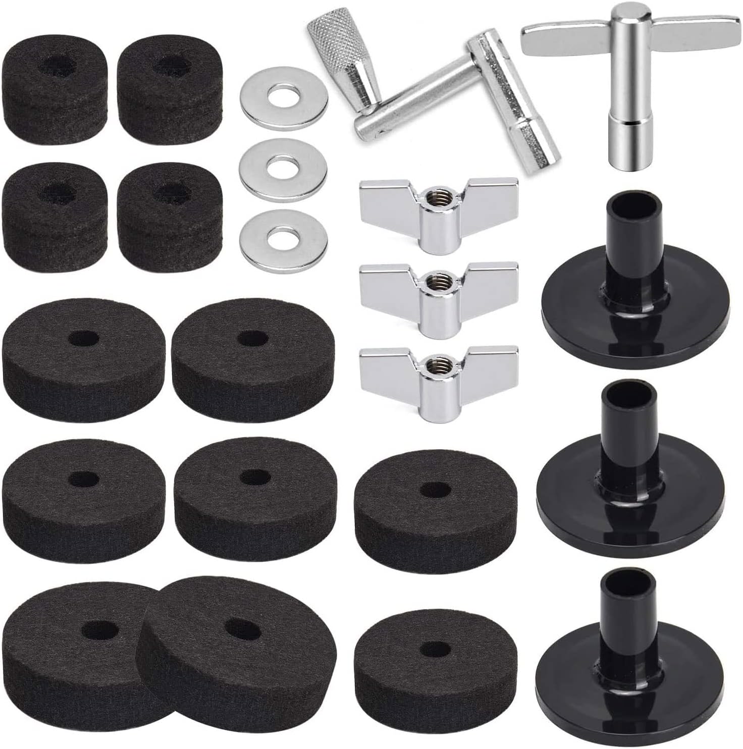 Excefore 23-Piece Cymbal Replacement Kit - Includes Felts, Wing Nuts, Washers, Sleeves & Drum Key for Drummers - Essential Accessories for Hi-Hat & Cymbals, Black